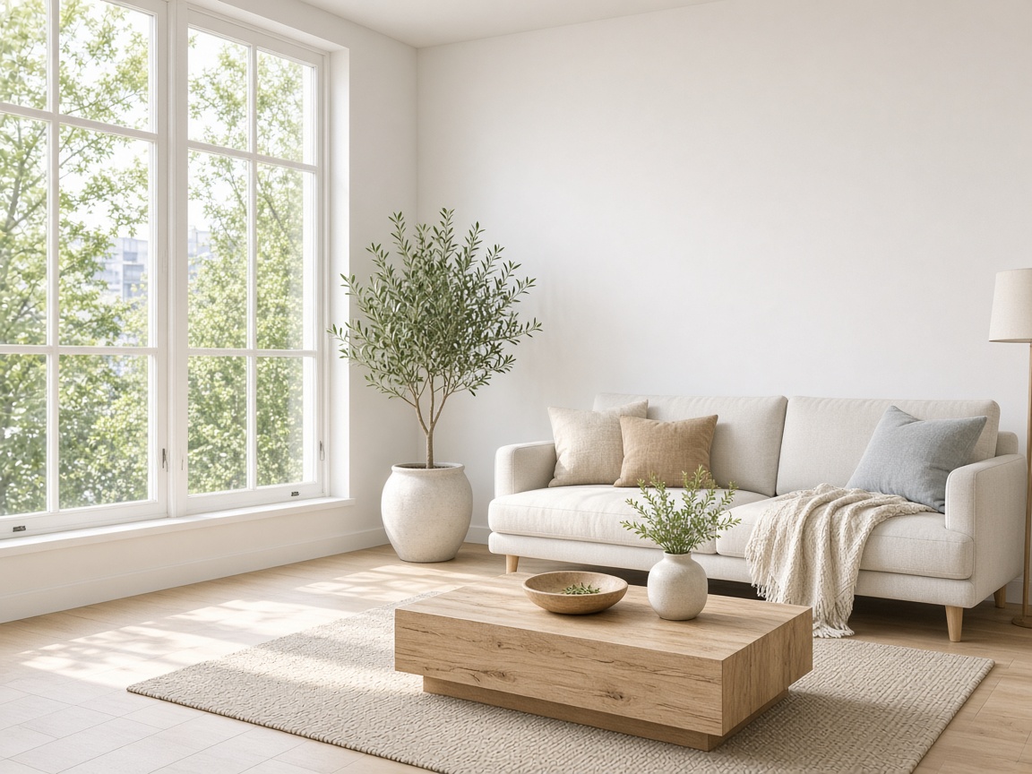 Salón claro, con luz de día y un sofá blanco